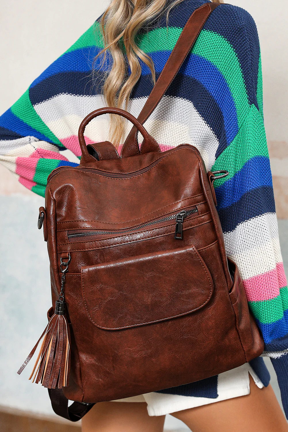 06e835352515dfcd4a01036fff2c73037dcb6751eea9e78c3e7de2d2137949a4 Dark Brown Tassel Decor Retro PU Large Capacity Backpack - Image 3
