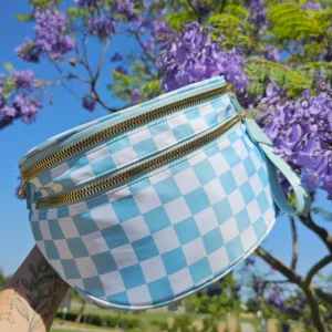 Mist Blue Checkered Print Wide Strap Large Crossbody Bag