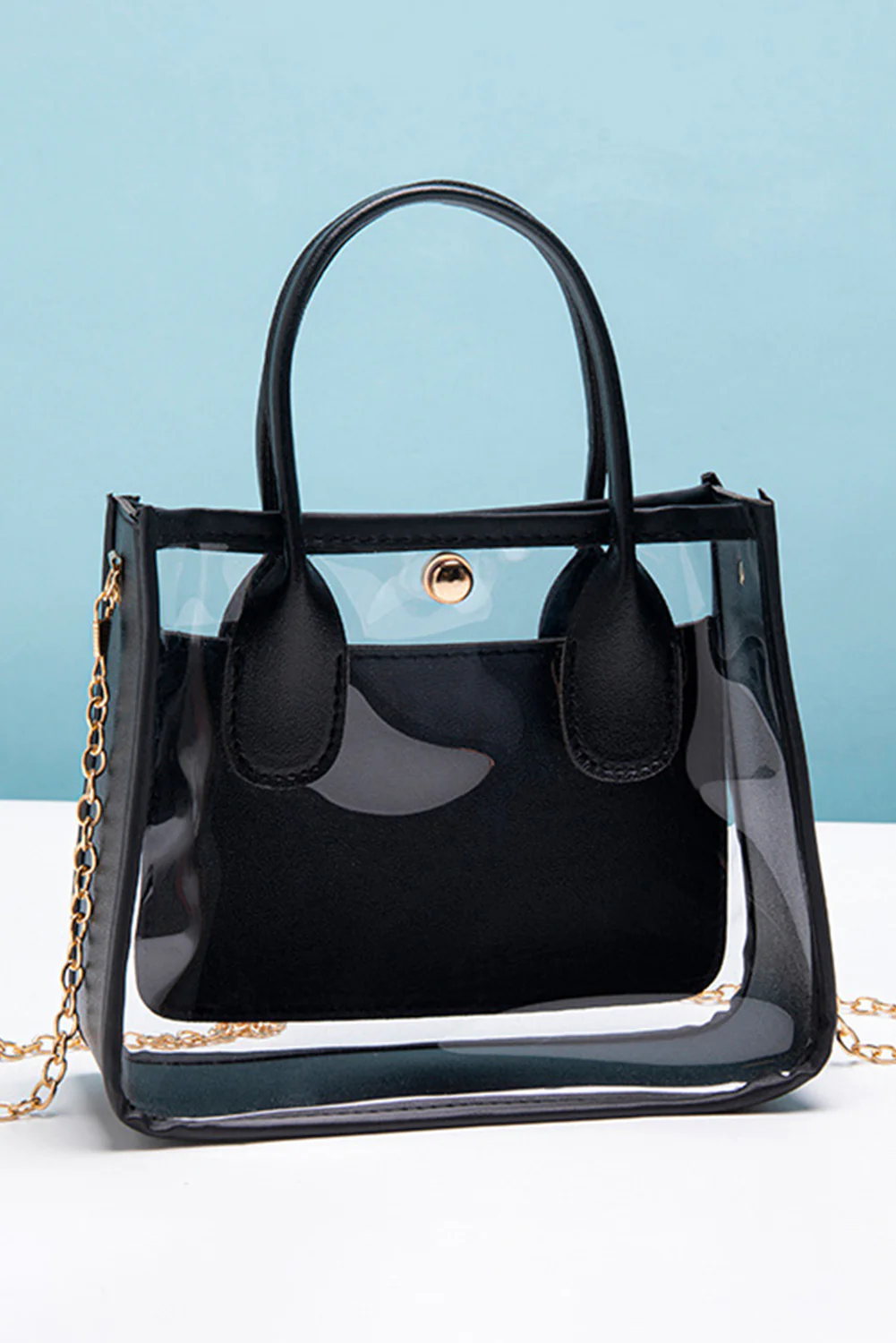 1481295391c971655fa68c08caa4855ab8f35a9ab73f9b57658c4644f03bfd96 Black PVC PU Leather Chain Strap Clear Shoulder Bag - Image 2