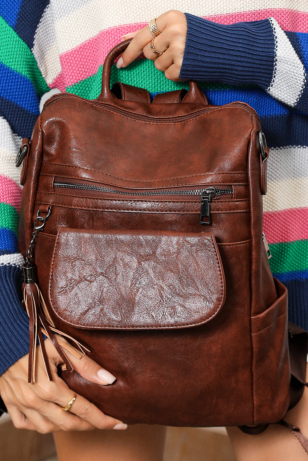 22f6156d1b172e49e2dfd1ba5a3d039c412ce92695a88cf047b2d55a8eb054f3 Dark Brown Tassel Decor Retro PU Large Capacity Backpack - Image 2