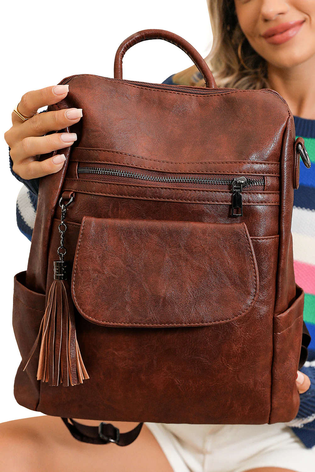 33c4c4d94e732ac90baba2adbcbd90862482ae6e69d66ca28d602ef74706c738 Dark Brown Tassel Decor Retro PU Large Capacity Backpack - Image 6