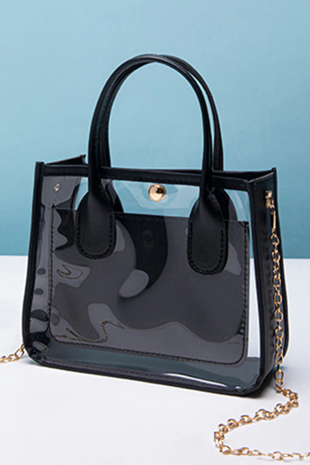 34a6412c821728741dc4150c703cd18cd32e4a96f782ce7aae4c6cf8862997ba Black PVC PU Leather Chain Strap Clear Shoulder Bag