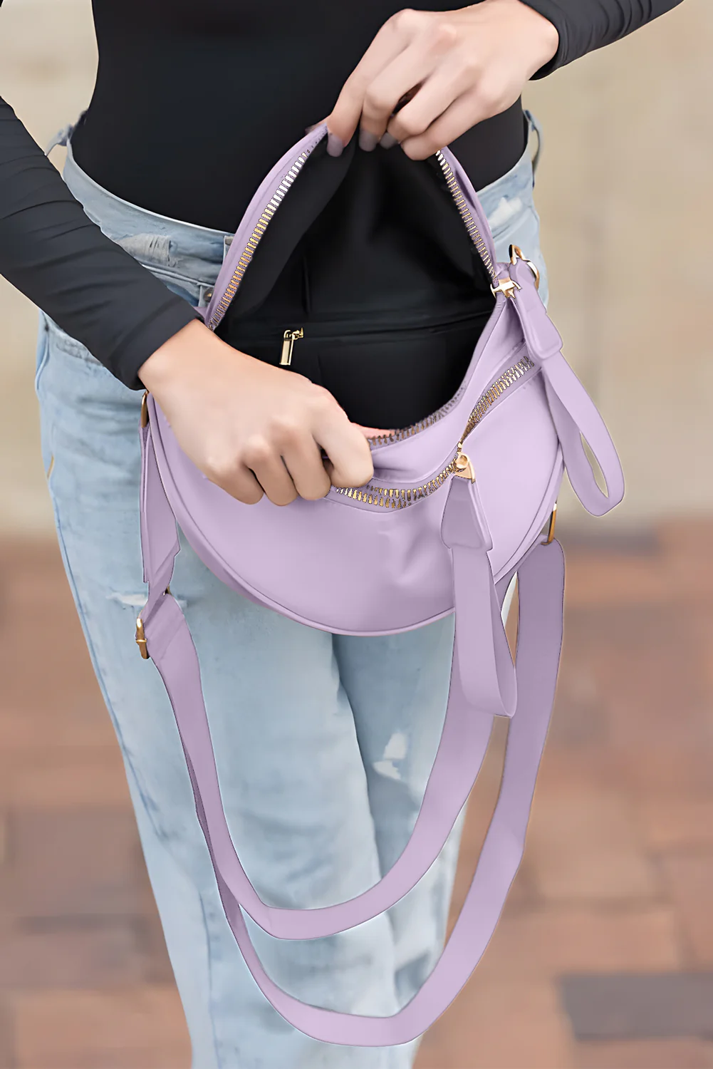 4872d9de6f86f44e1b953bae29496e7f95625d817e6070f329f1d79c3cdb477b Wisteria Wide Strap Double Zipper Crossbody Bag - Image 3