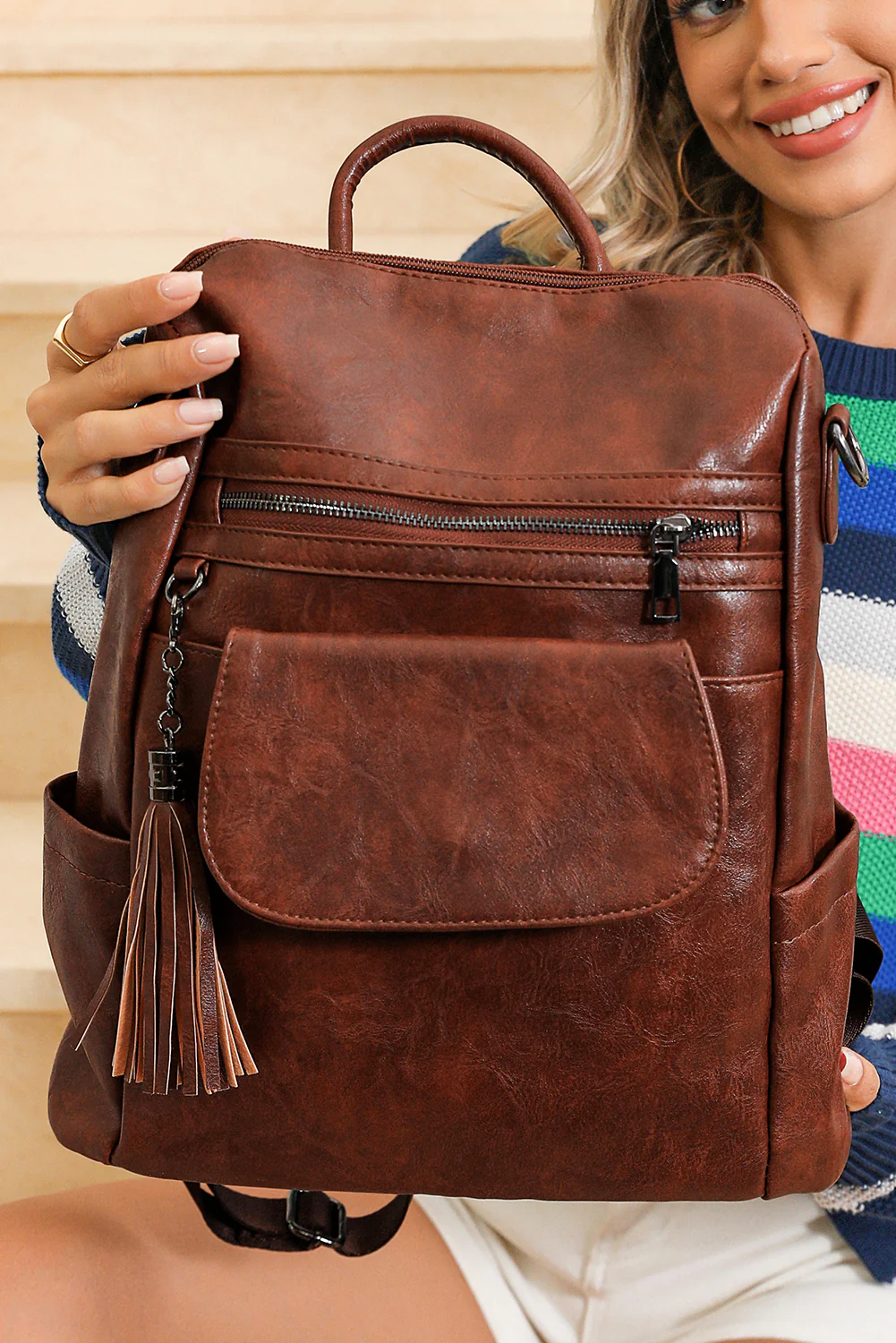 4c0b0e354ee88cd651d733ed4bece4bc76963a5ee4e3483fc9faef75b18c664f Dark Brown Tassel Decor Retro PU Large Capacity Backpack - Image 5