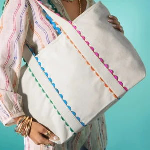 White Colorful Ricrac Detail Canvas Tote Bag