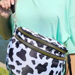 Black White Cow Print Wide Strap Large Crossbody Bag