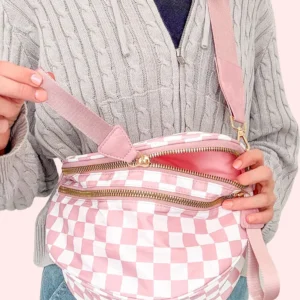 Pink Checkered Print Wide Strap Large Crossbody Bag
