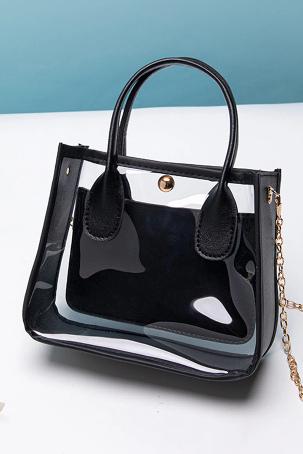 7dd4ec0a0acb8b908f9d943fed37b774791d8567d85716f8627c402bc39d7479 Black PVC PU Leather Chain Strap Clear Shoulder Bag - Image 4