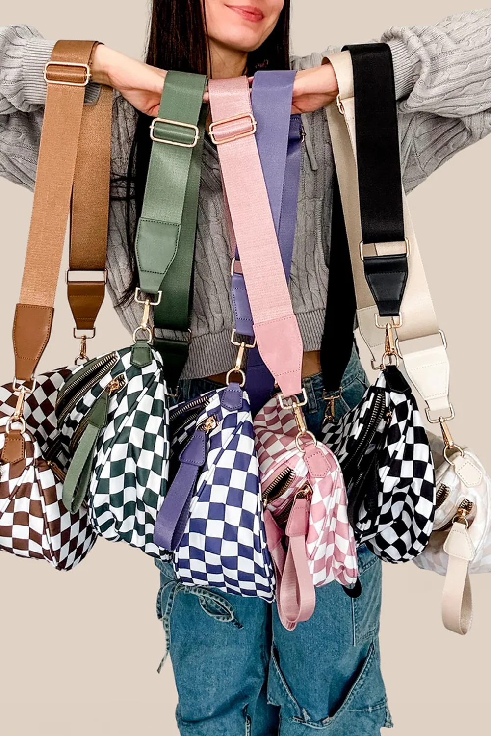 832ddb9b42f724d1b5ec178fee78f734856834f692b2773cdae164e5650bf2d9 Pink Checkered Print Wide Strap Large Crossbody Bag - Image 2