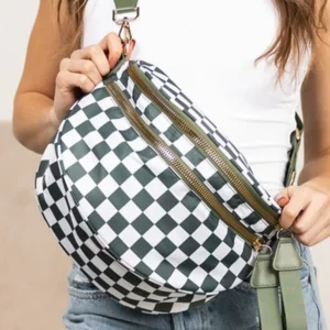 Blackish Green Checkered Print Wide Strap Large Crossbody Bag