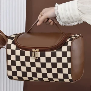 Checkered Zipper Large Cosmetic Bag with Handle