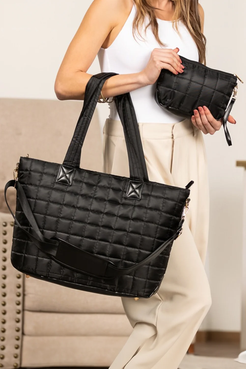 d56ef2f57acdb56ab03d6689ef2c86aa3b4061dad92f7be30b64a89eeb034576 Black Quilted Patchwork Large Tote Bag and Clutch 2pcs Set