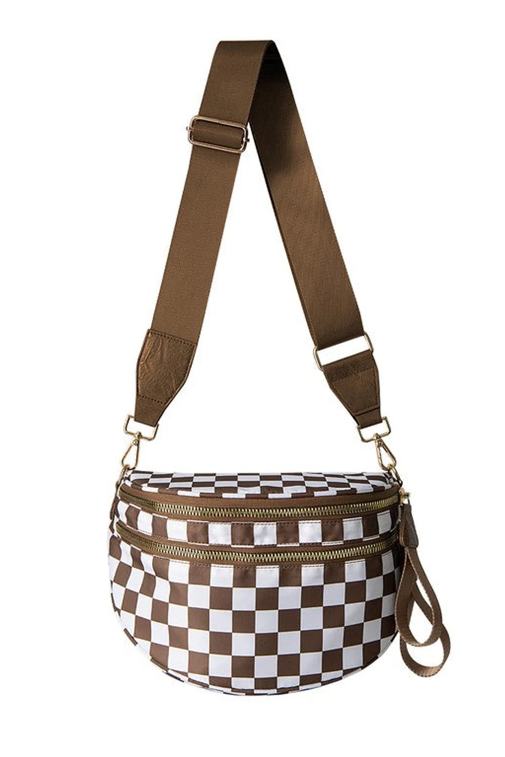 d90fe439a6faa5fdb15038a5ca3754fa647fab5258bc33bb2dc7202afd3ffde3 Chestnut Checkered Print Wide Strap Large Crossbody Bag - Image 3