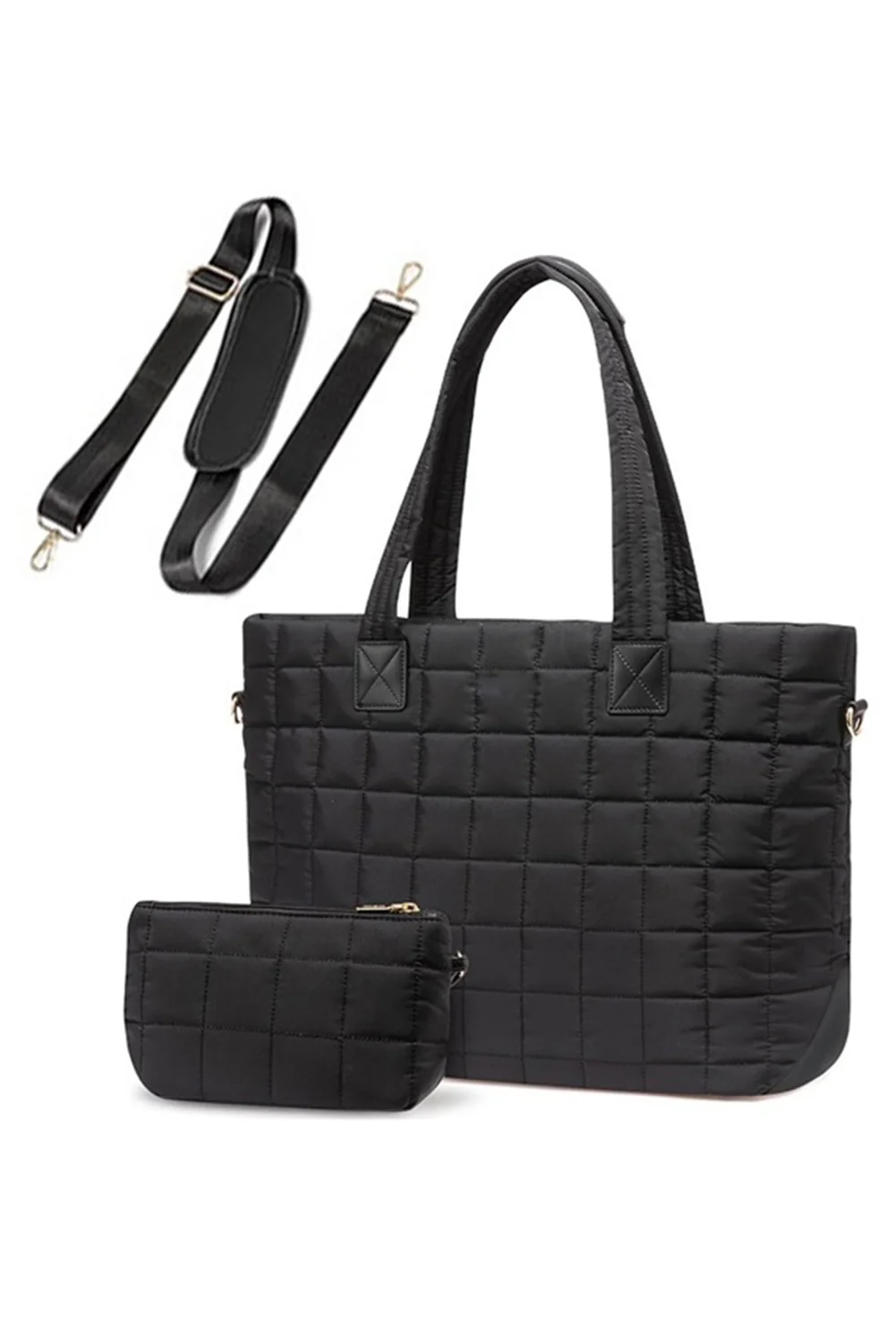 da44f3e304cc96c27e6afcdc19d2427e2694f300eaac463431dedfc11d457767 Black Quilted Patchwork Large Tote Bag and Clutch 2pcs Set - Image 7