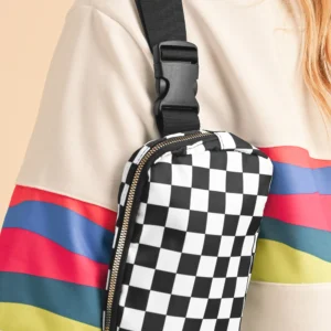 White Checkered Print Buckle Wide Belt Crossbody Bag