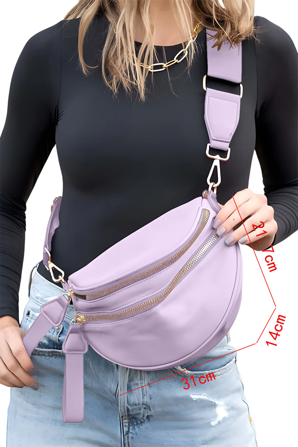 e80aaf85a9ea6c3c42f9520c38dfbbaed70a9ec8a31ed649b97b8f6e4756f698 Wisteria Wide Strap Double Zipper Crossbody Bag - Image 4
