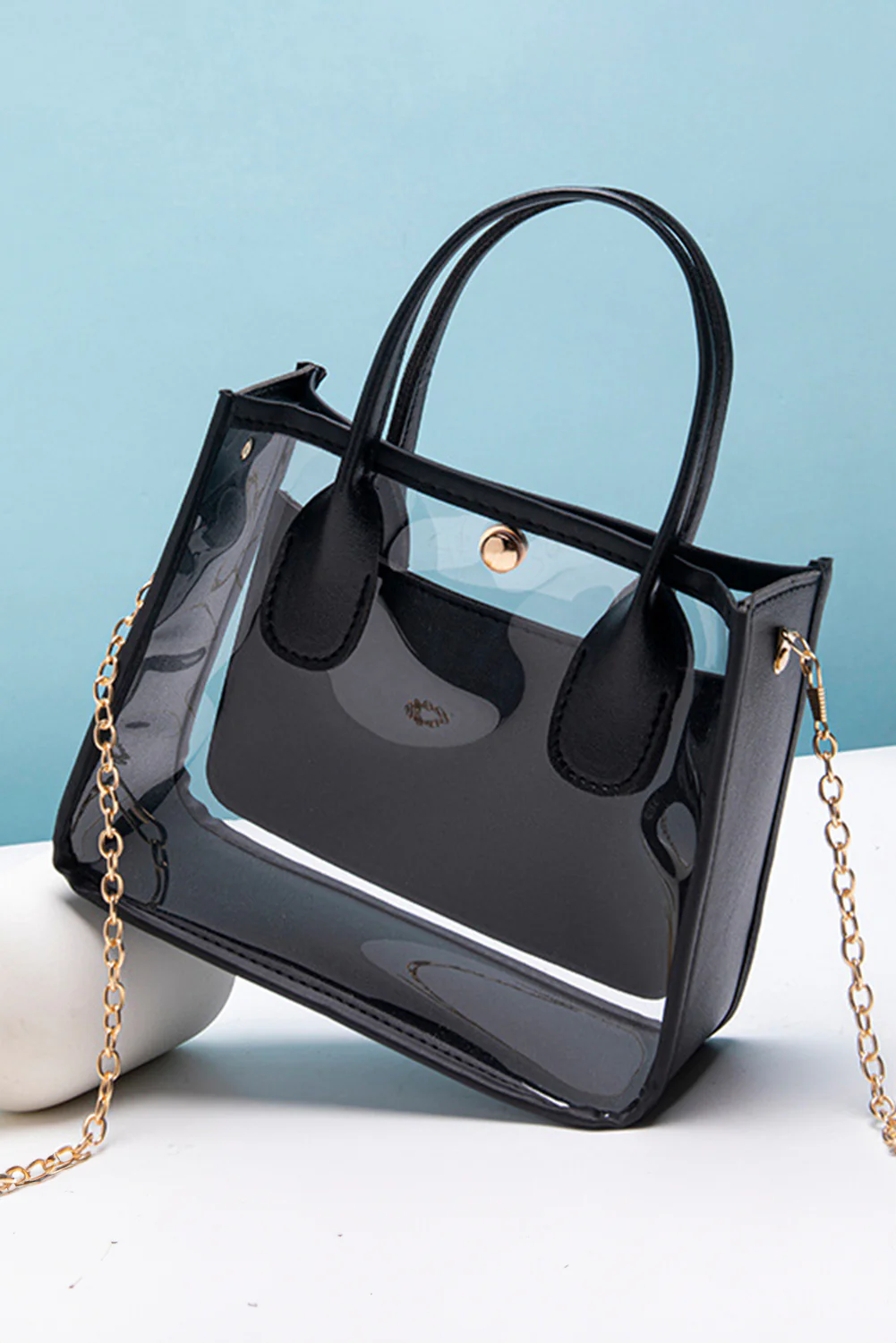 f389eb85ffe65e7f9491cdbfd4b25f23e12116e5d8fa73e95b2d65ee47b081fc Black PVC PU Leather Chain Strap Clear Shoulder Bag - Image 6
