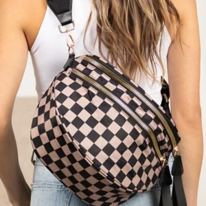 Chicory Coffee Checkered Print Wide Strap Large Crossbody Bag