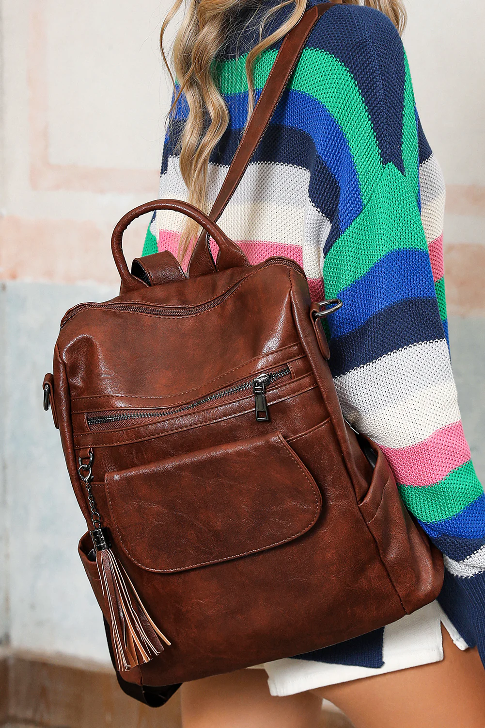 f4437e79e0862a6fd0d295e076743ac832d17b186dfb7570e223e5863bcdb68c-1 Dark Brown Tassel Decor Retro PU Large Capacity Backpack - Image 4