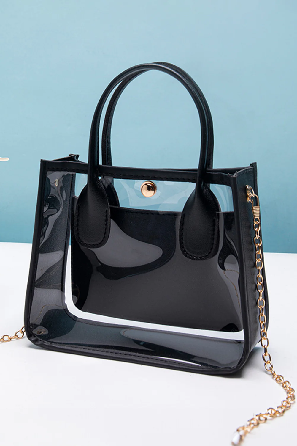 f85f0e6a79f6bf457fa57f29af0172223833c20fde9a83e66498dd1f5a8cdf96 Black PVC PU Leather Chain Strap Clear Shoulder Bag - Image 3
