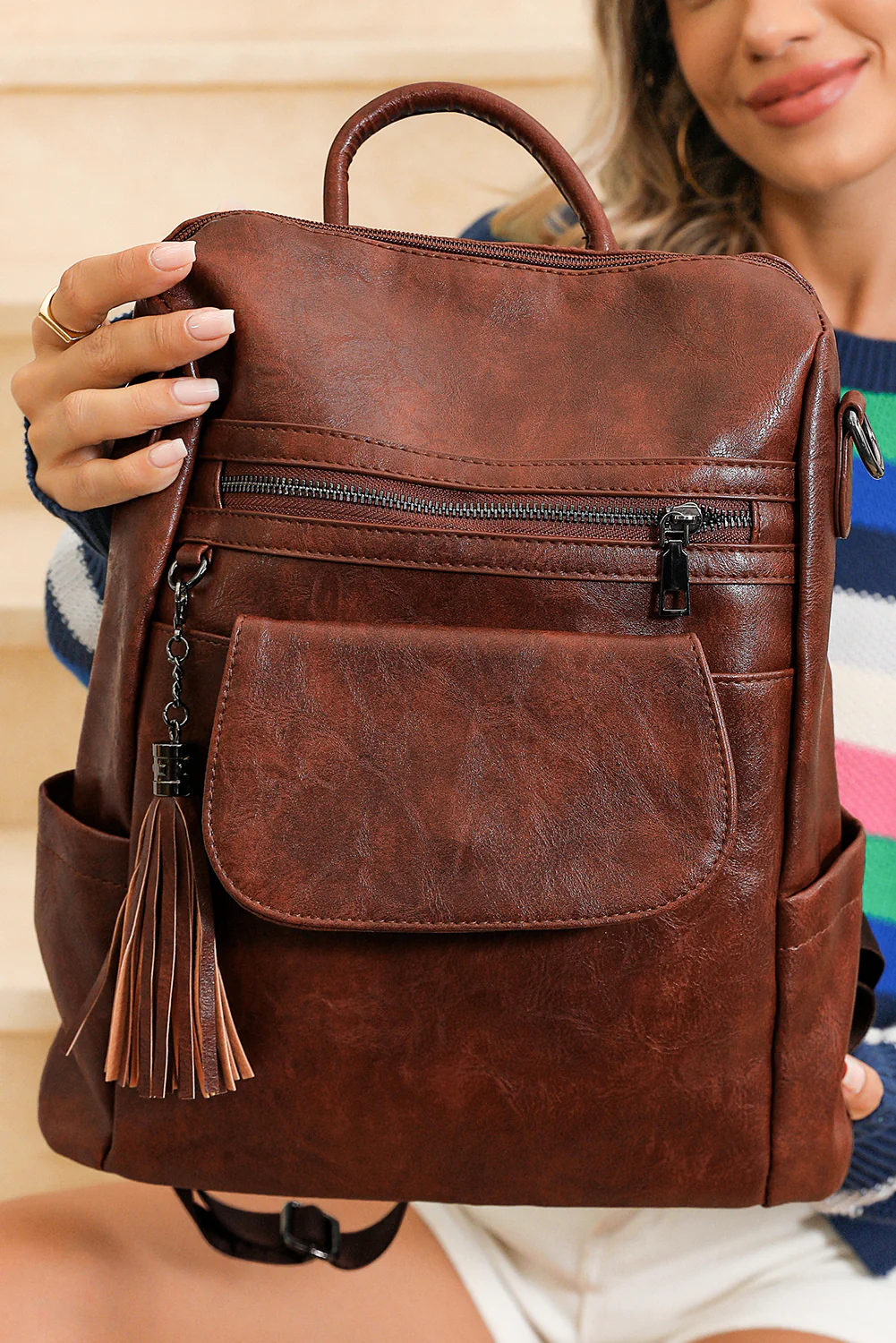 fd95e2d1f061e6a79f88545e4c40e57645236e3992e7257568cd566e059aba05 Dark Brown Tassel Decor Retro PU Large Capacity Backpack