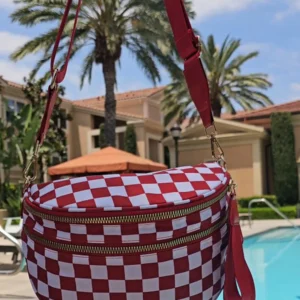 Fiery Red Checkered Print Wide Strap Large Crossbody Bag